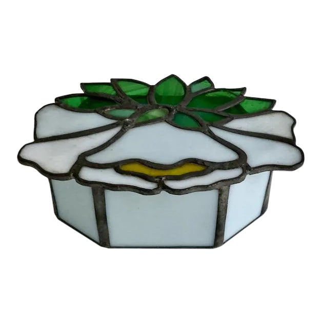 Vintage Stained Glass & Clear Glass Lidded Floral Box For Sale