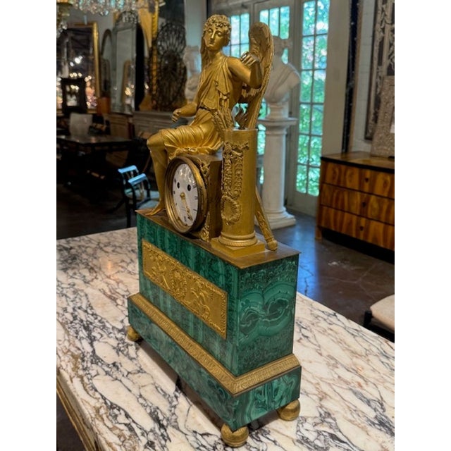 Traditional Period French Empire Malachite and Ormolo Figural Clock For Sale - Image 3 of 4