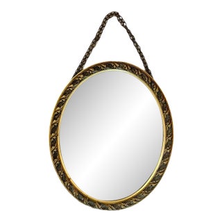 Vintage Oval Gold Leaf Wood Mirror With Chain For Sale