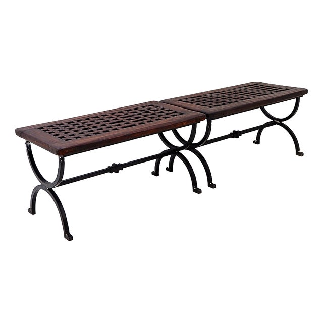 Benches in Openwork Wood with Wrought Iron Legs, Set of 2 For Sale