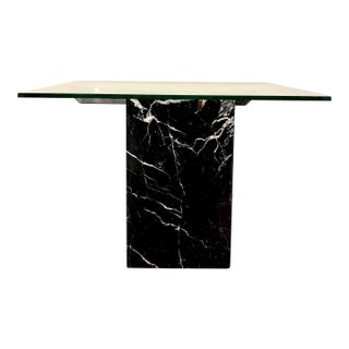 Postmodern Italian Marble and Glass Console Table in the Artedi Style. Circa 1970’s-1980’s Vintage Travertine Beveled Glass Table Mid Century For Sale