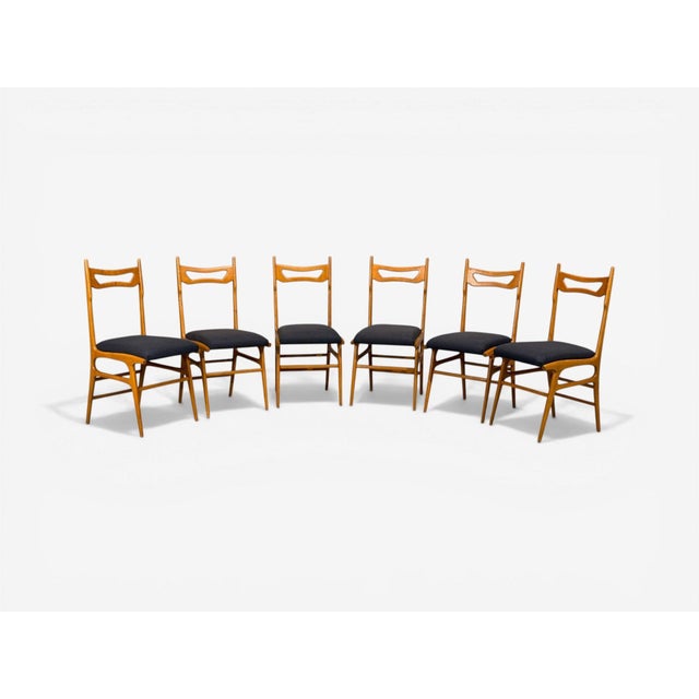 Mid-Century Modern Vittorio Vago Mobili, Six Dining Chairs, Fruitwood, Fabric, Italy, 1960s For Sale - Image 3 of 15