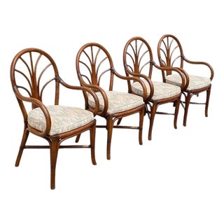 Vintage Hollywood Regency Bentwood Rattan Fan Back Dining Chairs - Set of 4 For Sale