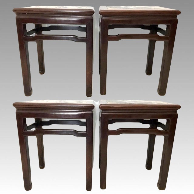 Early 20th Century Antique Solid Rosewood Chinese 'Mahjong' Stools / End Tables With White Grey Dali Lake Marble Tops - Set of 4 / Pair For Sale - Image 5 of 12