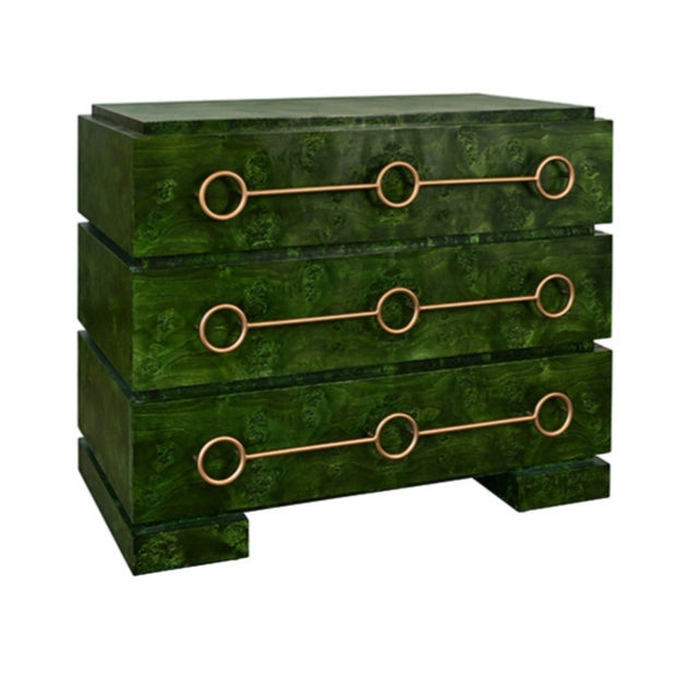 Mid-Century Modern Matthew Izzo Home Roderick Green Burlwood Three Drawer Chest With Brass Accents For Sale - Image 3 of 8