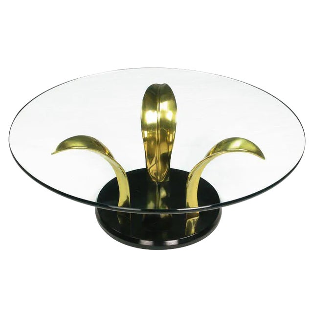 Black Lacquer & Brass Palm Leaf Cocktail Table For Sale