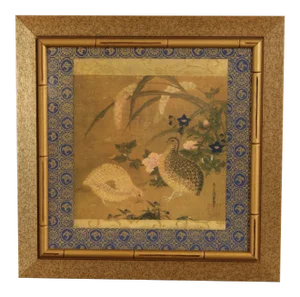 Tosa Mitsuoki "Quail Birds and Flowers" Faux Bamboo Framed Art Print
