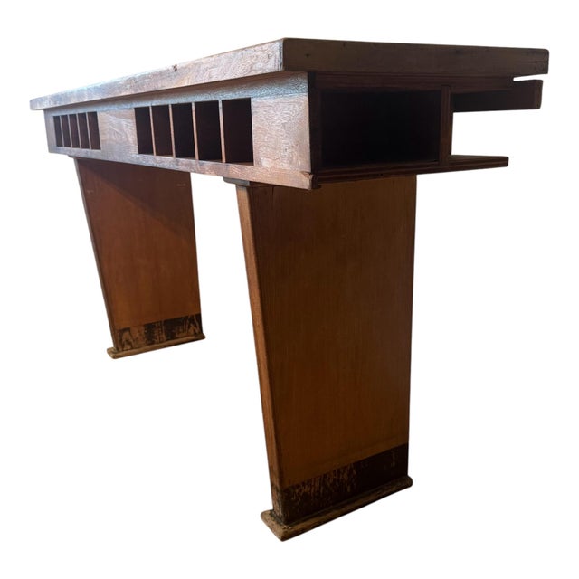 Vintage Bank Writing Table With Pigeonhole Cubbies, 72″ Console For Sale - Image 4 of 4