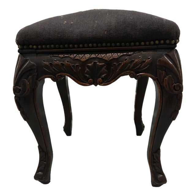 Late 19th Early / 20th Century Mahogany Stool With Ornately Carved Cabriole Legs, and Apron Consistent With Victorian or French Provincial Styling. For Sale