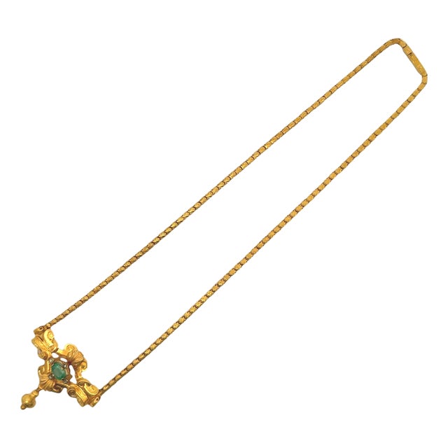 French Antique Emerald Diamond 18k Yellow Gold Necklace For Sale