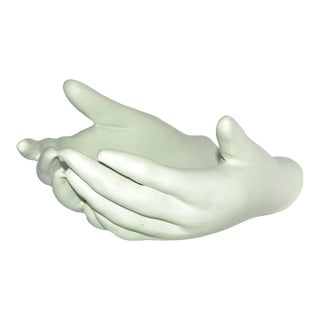Vintage Ceramic Open Hands Sculpture Mounted Wall Art Mint Green Finish Pop Art For Sale