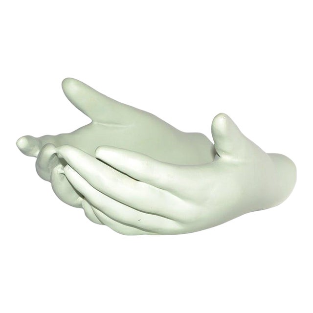 Vintage Ceramic Open Hands Sculpture Mounted Wall Art Mint Green Finish Pop Art For Sale
