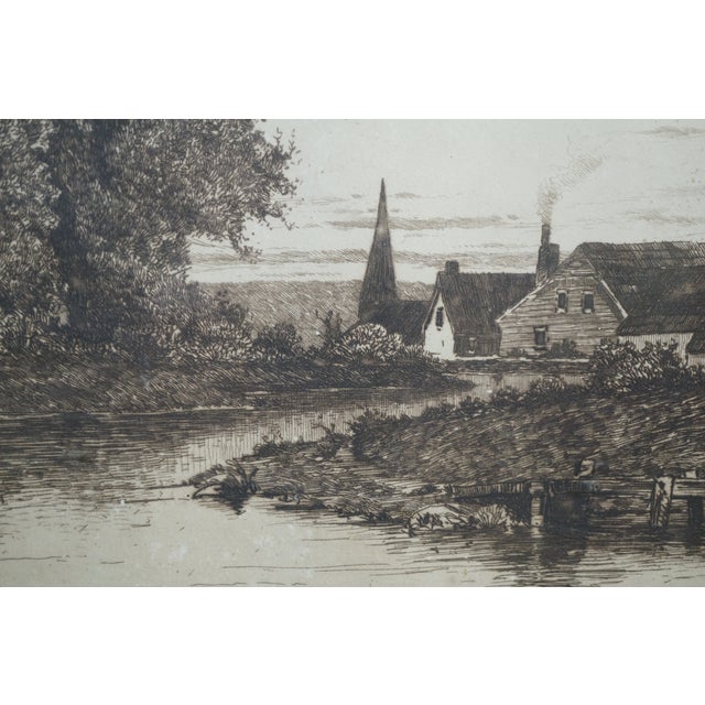 Antique Panoramic Country Farmhouse Church Steeple River Landscape Etching 30" For Sale - Image 12 of 13