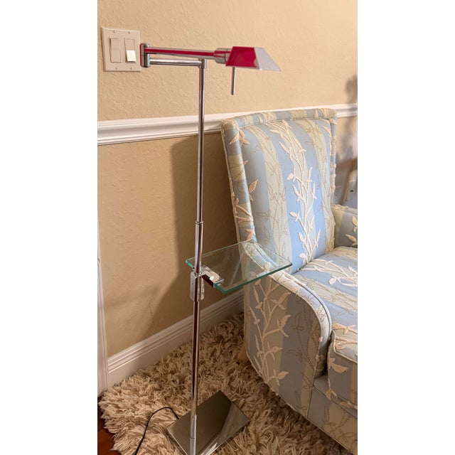 1970s Italian Postmodern Chrome & Glass Floor Swing Arm Adjustable Lamp With Pharmacy Shade and Relco Milano Dimmer For Sale - Image 11 of 12