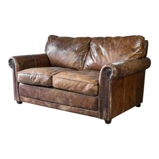 1990s Vintage Restoration Hardware Distressed Cigar Leather Loveseat For Sale