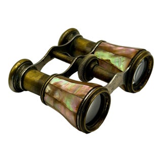 Antique French Mother of Pearl Opera Glasses in Aged Brass For Sale