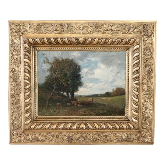 V. Bussolino, Landscape with Flock, Oil Painting on Board, 19th Century, Framed For Sale