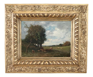 V. Bussolino, Landscape with Flock, Oil Painting on Board, 19th Century, Framed