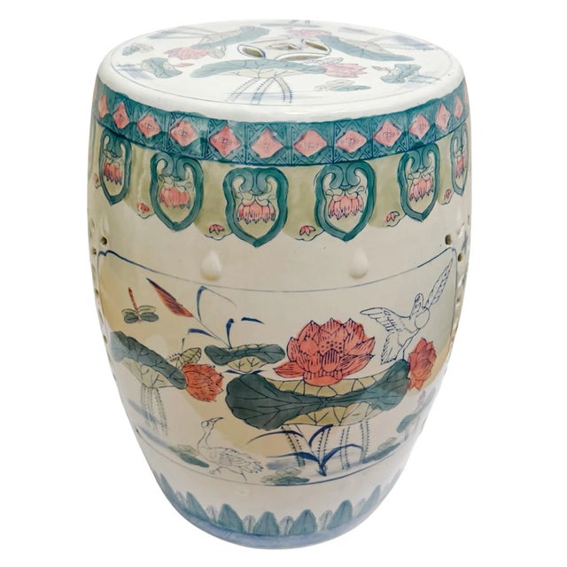 Chinoiserie Vintage Chinese Pink Lotus Pastels Garden Stool For Sale - Image 3 of 7