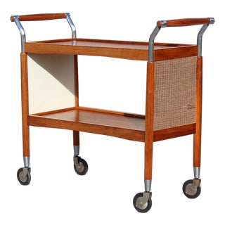 Mid-Century Modern Teak Rolling Bar Cart / Serving Trolley With Chrome Handles For Sale