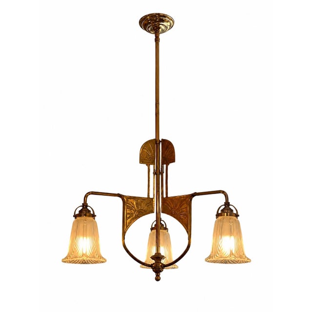 Vienna Secession Brass Pendant Light with Original Decorative Glass Shades, Austria, 1890s For Sale - Image 4 of 4