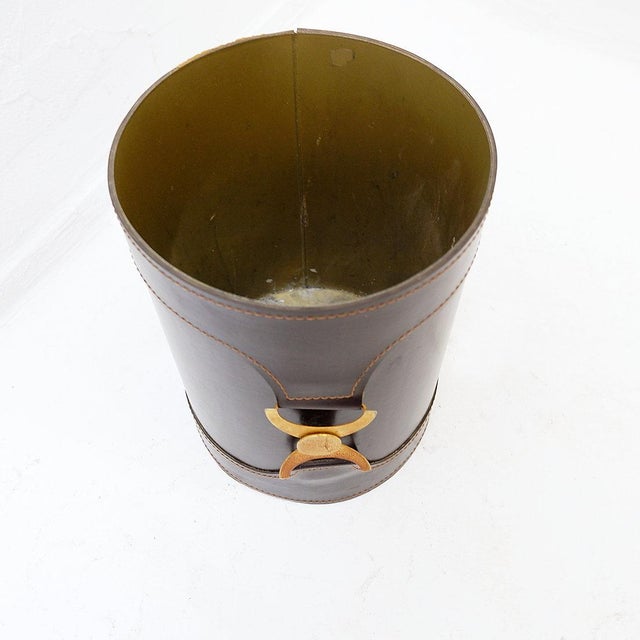 Brown Leather Wastebasket with Decorative Brass Buckle For Sale - Image 5 of 10