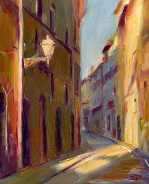 Via San Niccolo by Pam Ingalls | Oil Painting of a sunlit street in a historic city.