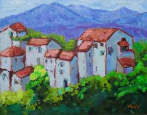 Italian Villa Red Roofs Impressionist Oil Landscape