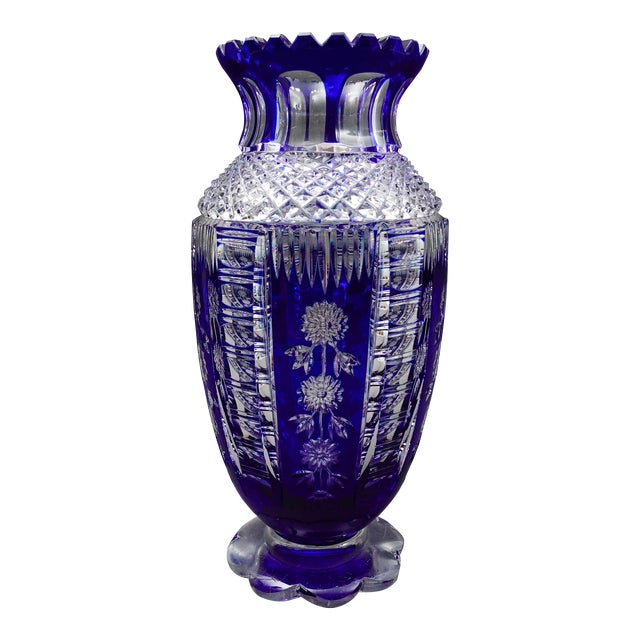 Mid 20th Century Bohemian Czech Cobalt Blue Cut to Clear Crystal Vase With Sawtooth Rim For Sale