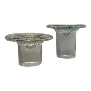 A Pair of Vintage Mid Century Transparent Blenko Glass Textured Mushroom Taper Candle Holders