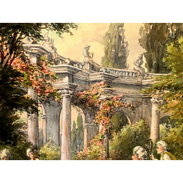 Traditional Belle Epoque Watercolor of 18th-Century Courtiers Playing Shuttlecock Game For Sale - Image 3 of 7