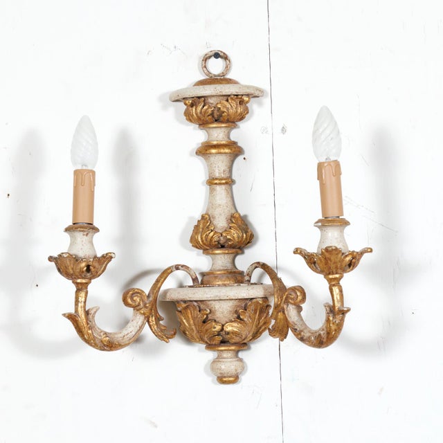Vintage 20th Century Pair Italian Painted and Parcel Gilt Hand Carved Wooden 2-Light Sconces For Sale - Image 4 of 10
