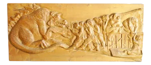 Mythological Figure of a Dragon and Some Commoners Bas-Relief in Solid Wood, 1960s