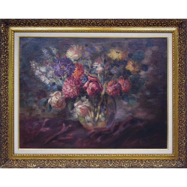 Lovely, early 20th century still life painting of a vase filled with flowers including roses. Oil on canvas C 1940s....