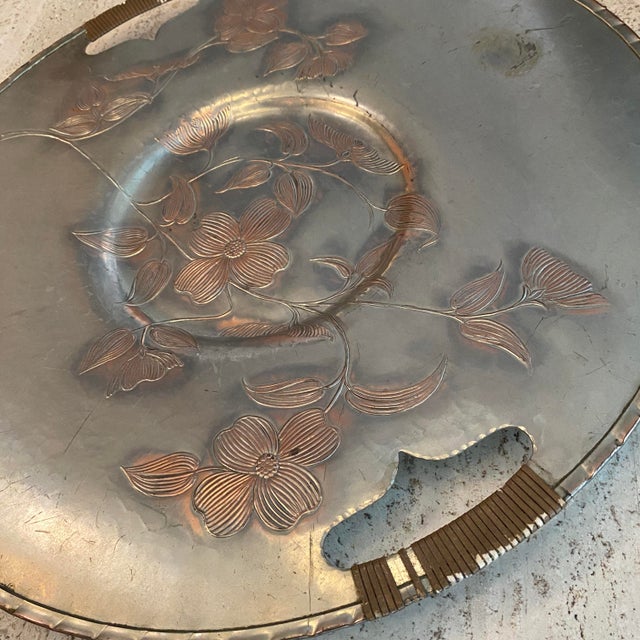 Mid 20th Century Large Aluminum and Rattan Decorative Floral Motif Serving Tray For Sale - Image 9 of 10