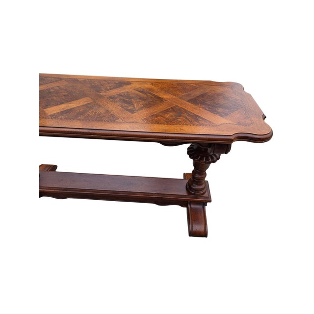 1990s Thomasville Fine Burl Trestle Table Parque Top Console Hall Table Jacobean Style For Sale In Philadelphia - Image 6 of 15