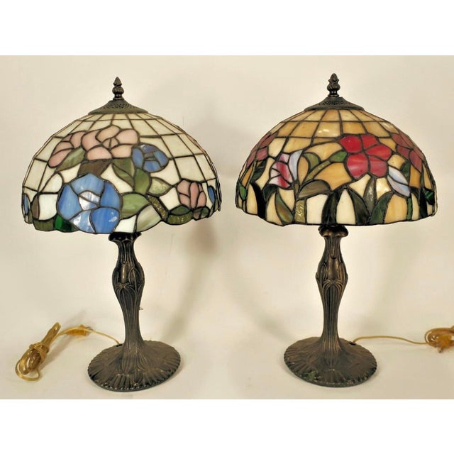 Late 20th Century Pair of Vintage Art Nouveau Style Leaded Glass Lamps For Sale - Image 5 of 5