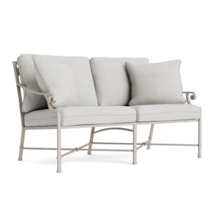 Brown Jordan Venetian Loveseat, Dove frame with Fusion Dove fabric For Sale