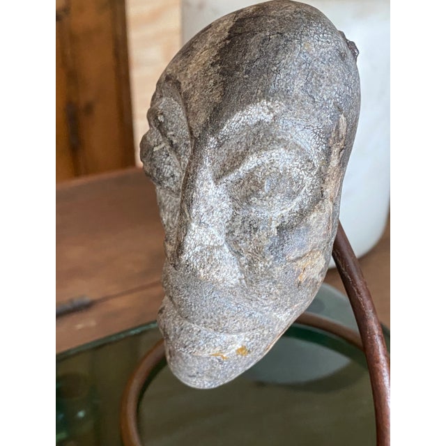 Surrealist Carved Stone Face Sculpture Steel Base Tribal Style Raw Wood Pedestal For Sale - Image 10 of 17