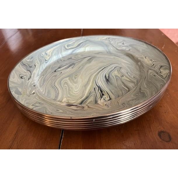 Circa 1995 set of 6 Mackenzie Childs 12" marbled green, blue, cream and black enamel chargers/dinner plates. Each one is...