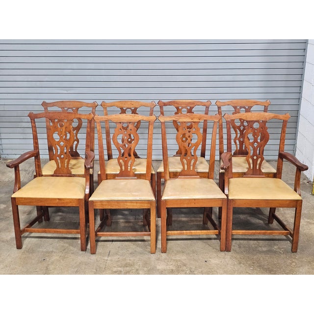 Store Item: Set of 8 Stickley Chippendale Solid Cherry Dining Chairs Leather Seats Made USA Description: The set features...