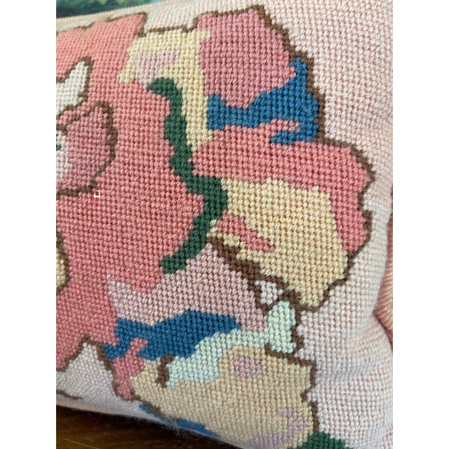 Handmade Needlepoint Floral Pillow With Pink Corduroy Backing - Accent Cushion, Made in Seattle For Sale - Image 9 of 9