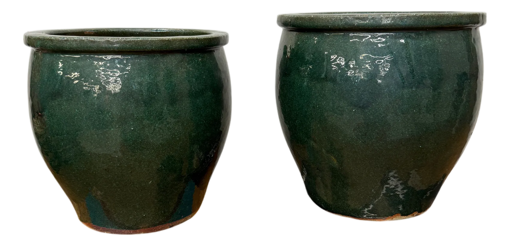 ブルーグリーン Mid 20th Century Deep Green Glazed Round Ceramic Planters - A Pair