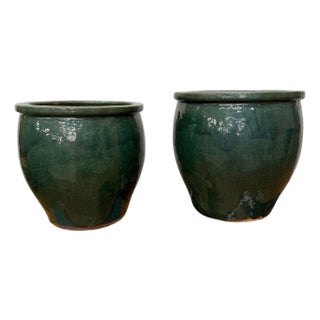 Mid 20th Century Deep Green Glazed Round Ceramic Planters - A Pair For Sale