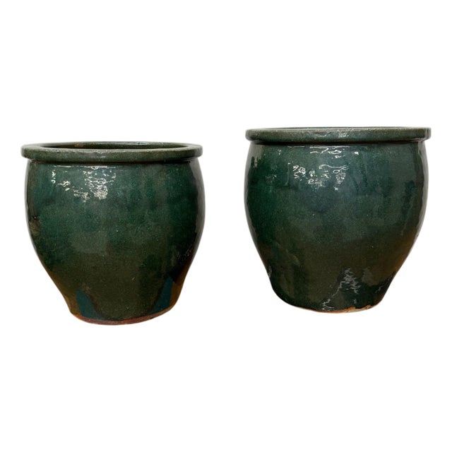 Mid 20th Century Deep Green Glazed Round Ceramic Planters - A Pair For Sale