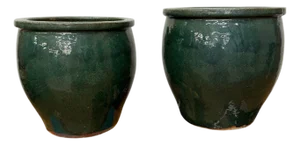 Mid 20th Century Deep Green Glazed Round Ceramic Planters - A Pair