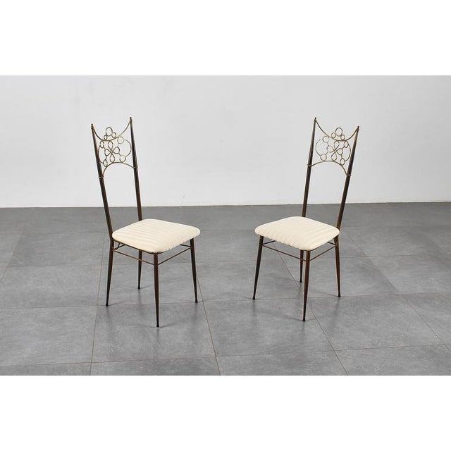Mid-Century Brass, Metal and White Fabric High-Backed Chairs, Italy, 1950s, Set of 2 For Sale - Image 3 of 18