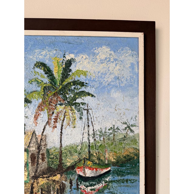 Green Vintage Caribbean Tropical Coastal Landscape Oil on Canvas Painting, Framed For Sale - Image 8 of 13