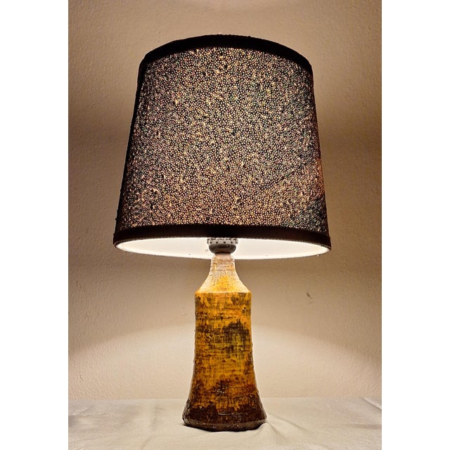 1970s Vintage Yellow-Brown Ceramic Table Lamp with Handmade Fabric Shade, 1970s For Sale - Image 5 of 8