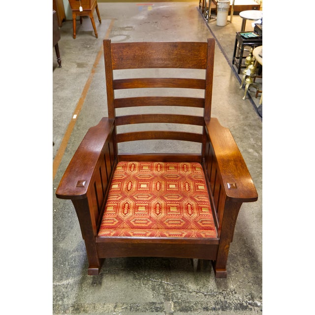 Arts & Crafts Style Stickley Bow Arm Oak Rocker With Loose Cushions For Sale - Image 9 of 12